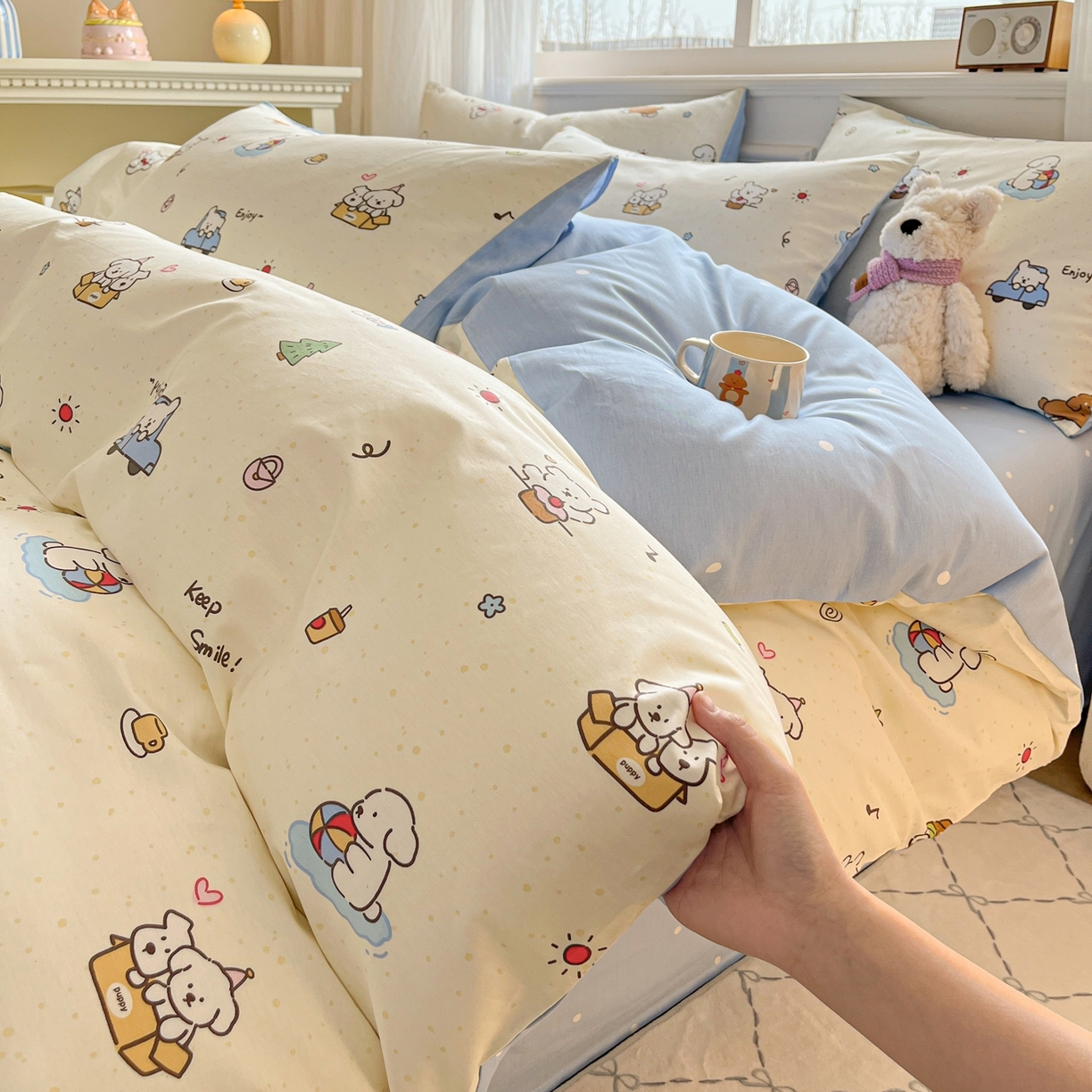 91家纺网 家纺一手货源 找家纺 博雅 2026新款全棉纯棉卡通四件套 快乐汪星人