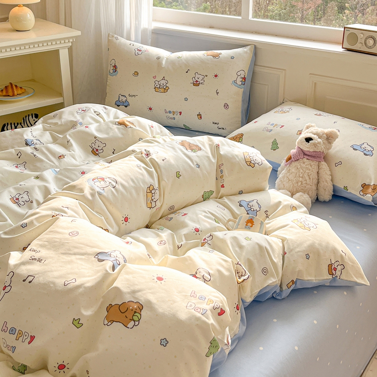 91家纺网 家纺一手货源 找家纺 博雅 2026新款全棉纯棉卡通四件套 快乐汪星人