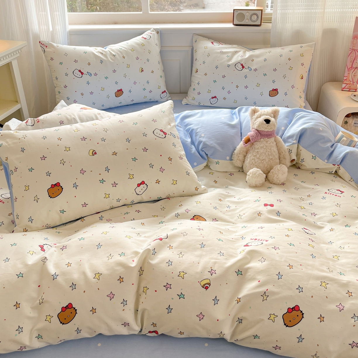 91家纺网 家纺一手货源 找家纺 博雅 2026新款全棉纯棉卡通四件套 星星蝴蝶结猫