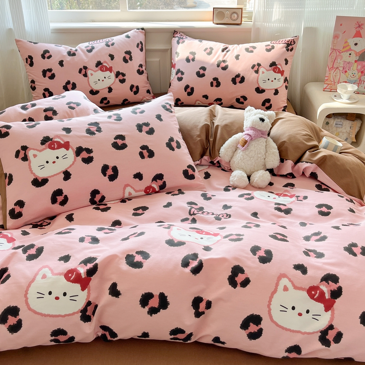 91家纺网 家纺一手货源 找家纺 博雅 2026新款全棉纯棉卡通四件套 豹纹小猫-粉