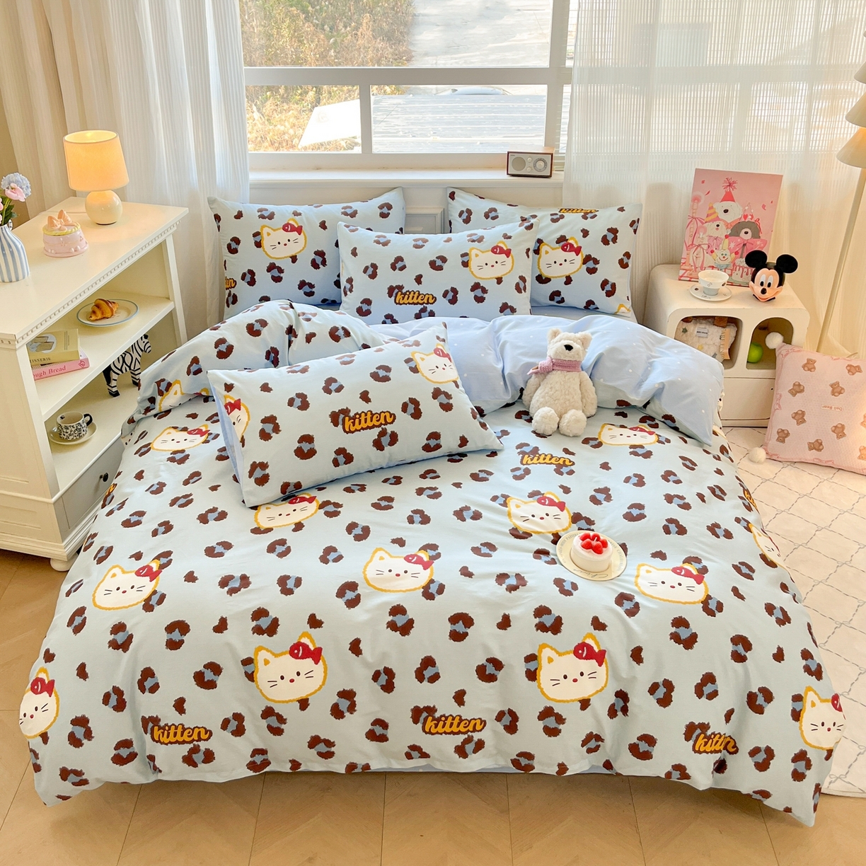 91家纺网 家纺一手货源 找家纺 博雅 2026新款全棉纯棉卡通四件套 豹纹小猫-蓝