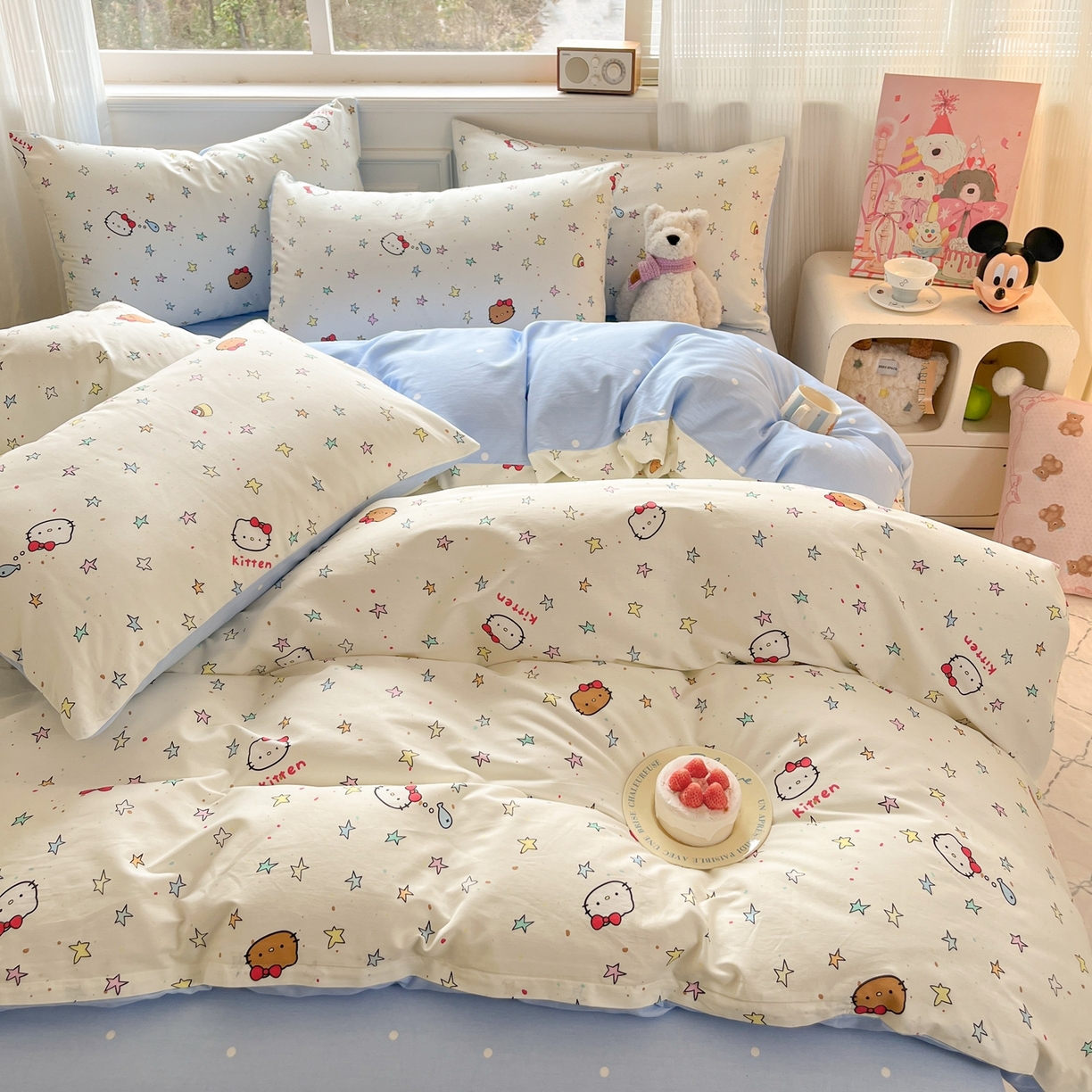 91家纺网 家纺一手货源 找家纺 博雅 2026新款全棉纯棉卡通四件套 星星蝴蝶结猫