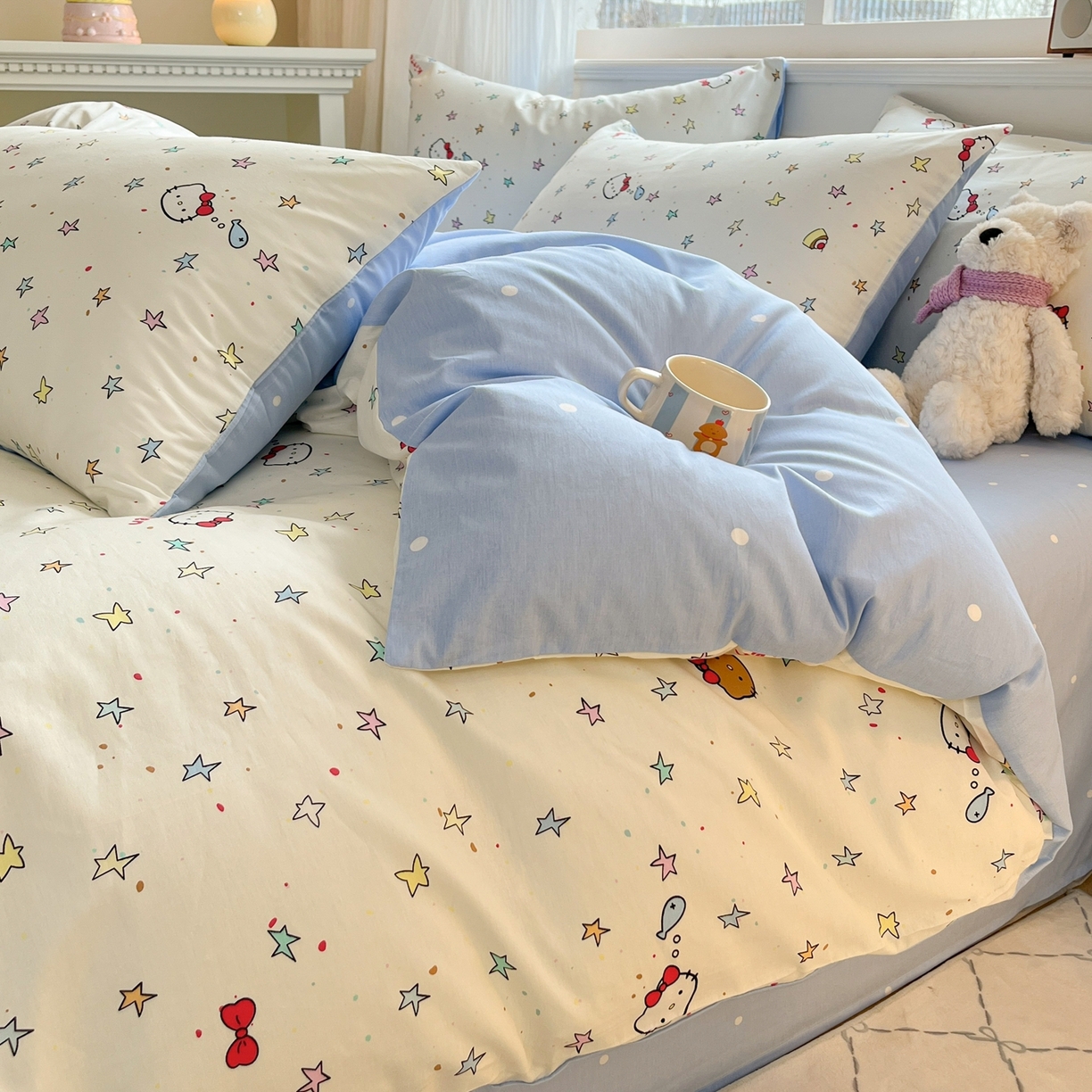 91家纺网 家纺一手货源 找家纺 博雅 2026新款全棉纯棉卡通四件套 星星蝴蝶结猫