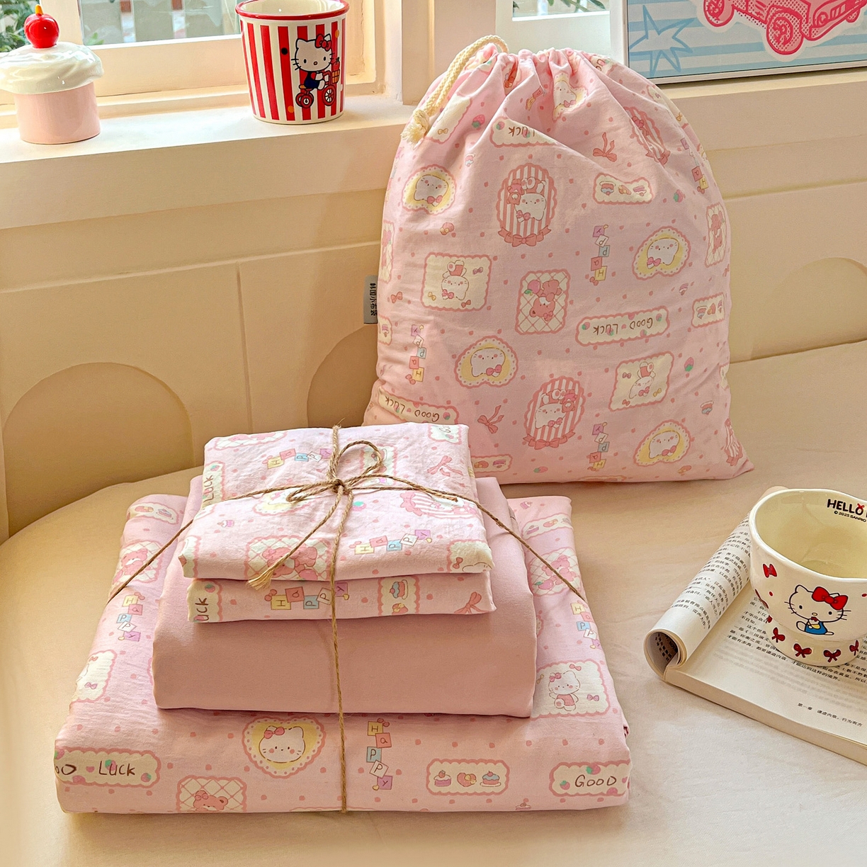 弗苓家纺 2026新款古法水洗仿棉云感纱四件套小布袋 甜甜kt