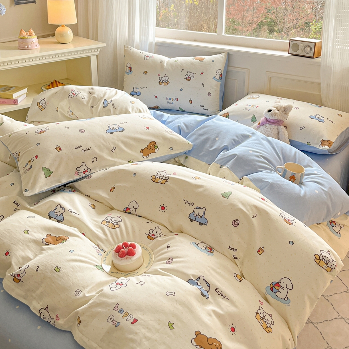 91家纺网 家纺一手货源 找家纺 博雅 2026新款全棉纯棉卡通四件套 快乐汪星人