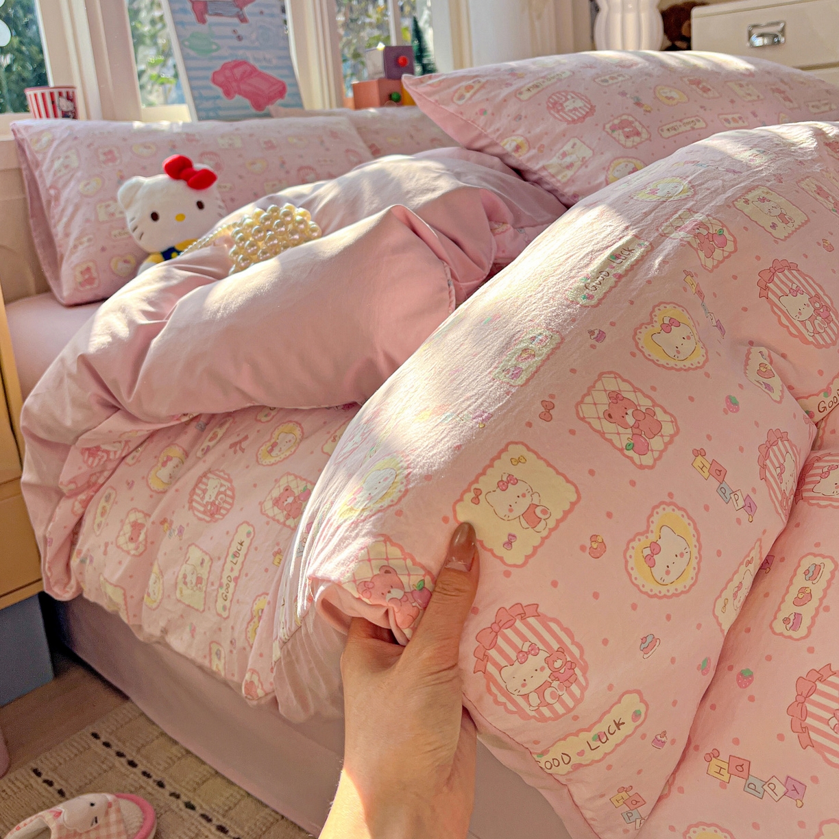 91家纺网 家纺一手货源 找家纺 弗苓家纺 2026新款古法水洗仿棉云感纱四件套小布袋 甜甜kt