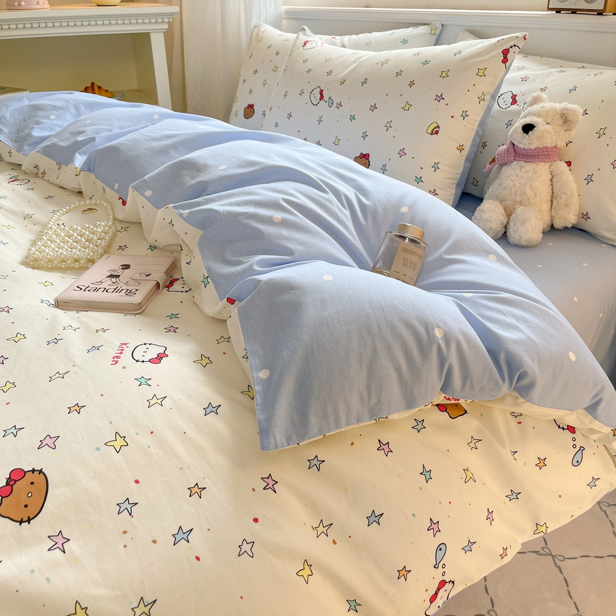 91家纺网 家纺一手货源 找家纺 博雅 2026新款全棉纯棉卡通四件套 星星蝴蝶结猫