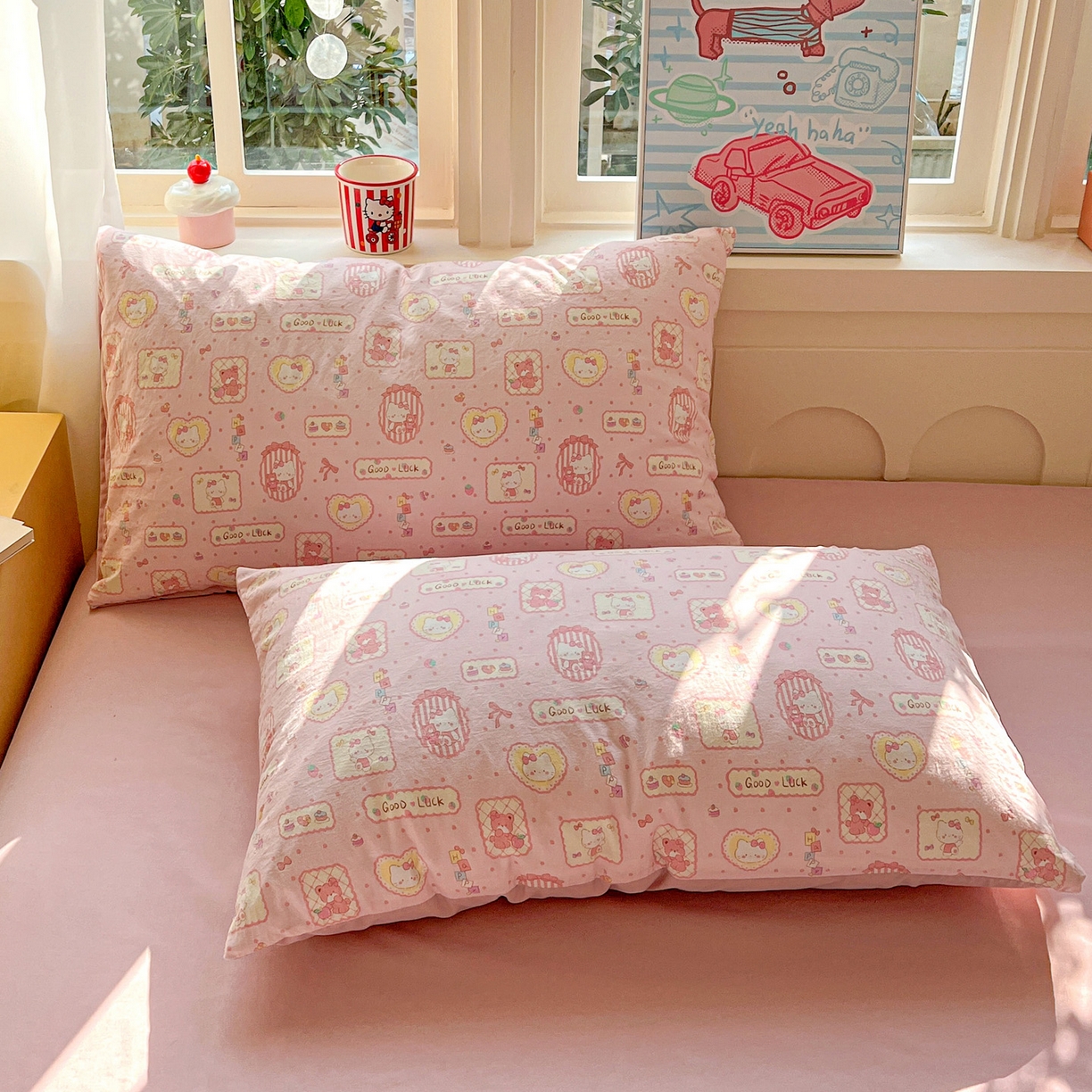 91家纺网 家纺一手货源 找家纺 弗苓家纺 2026新款古法水洗仿棉云感纱四件套小布袋 甜甜kt