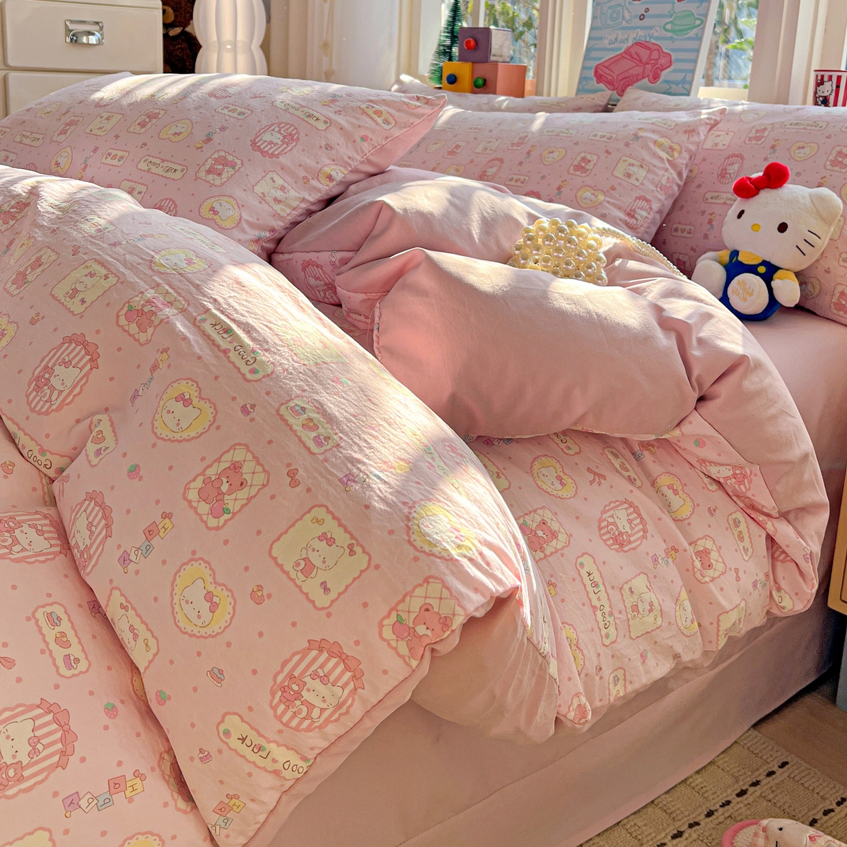 91家纺网 家纺一手货源 找家纺 弗苓家纺 2026新款古法水洗仿棉云感纱四件套小布袋 甜甜kt