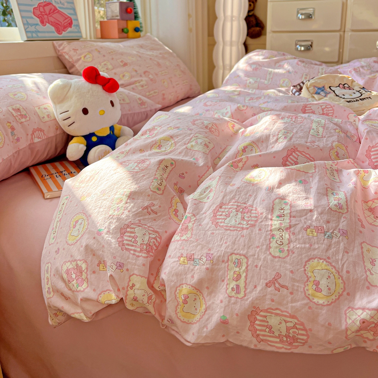 91家纺网 家纺一手货源 找家纺 弗苓家纺 2026新款古法水洗仿棉云感纱四件套小布袋 甜甜kt