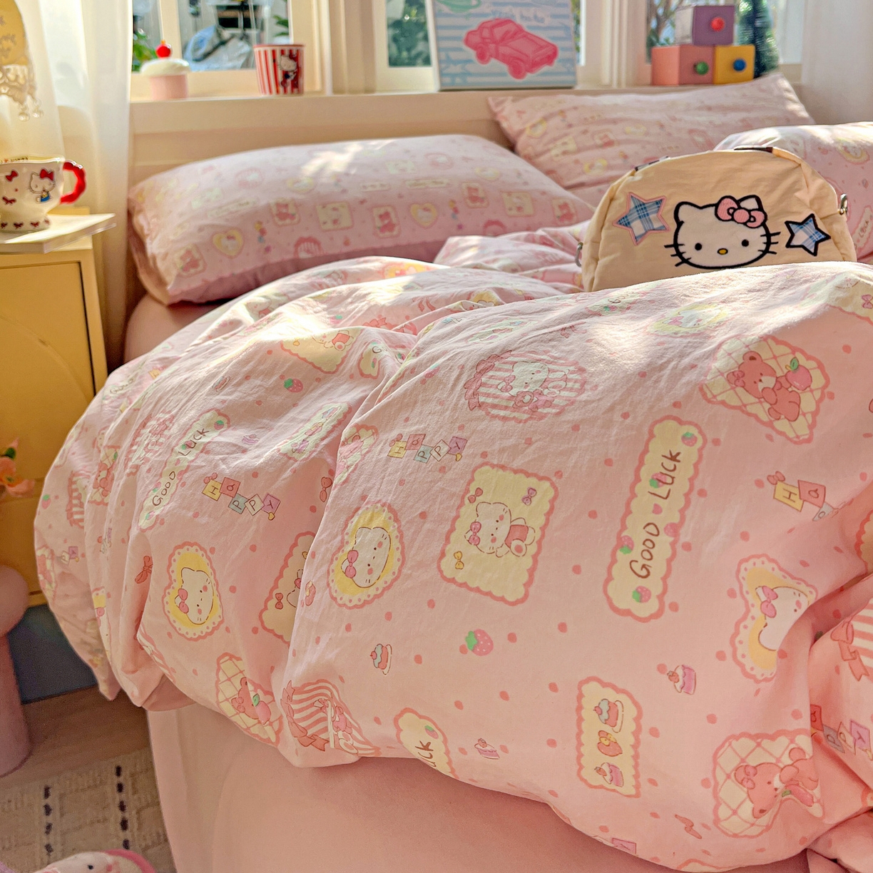 91家纺网 家纺一手货源 找家纺 弗苓家纺 2026新款古法水洗仿棉云感纱四件套小布袋 甜甜kt