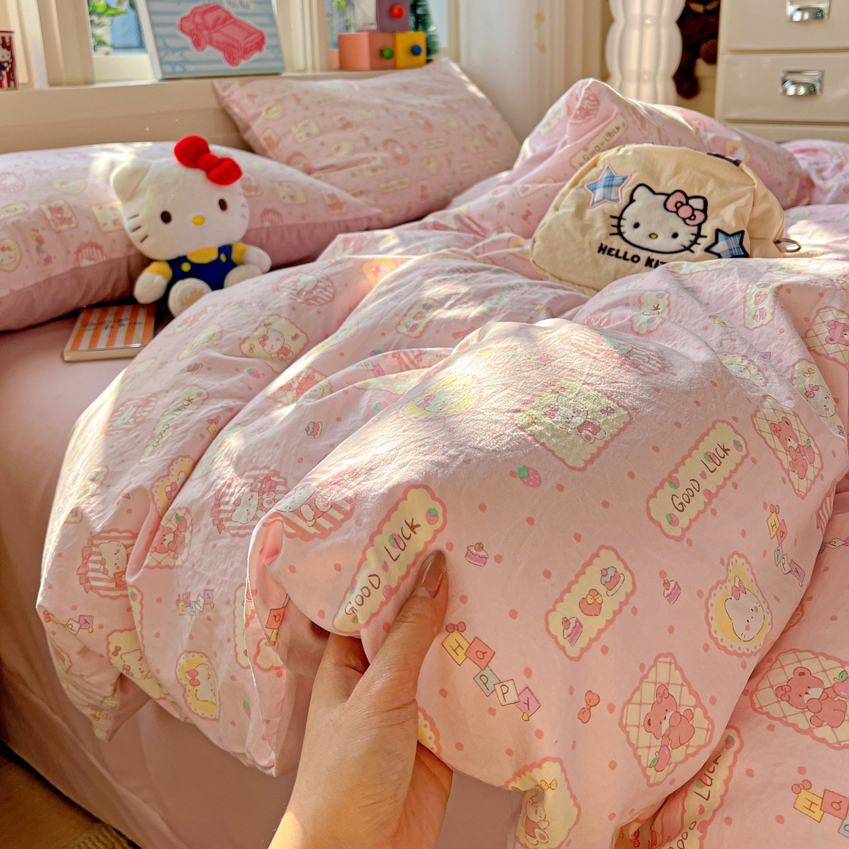 91家纺网 家纺一手货源 找家纺 弗苓家纺 2026新款古法水洗仿棉云感纱四件套小布袋 甜甜kt