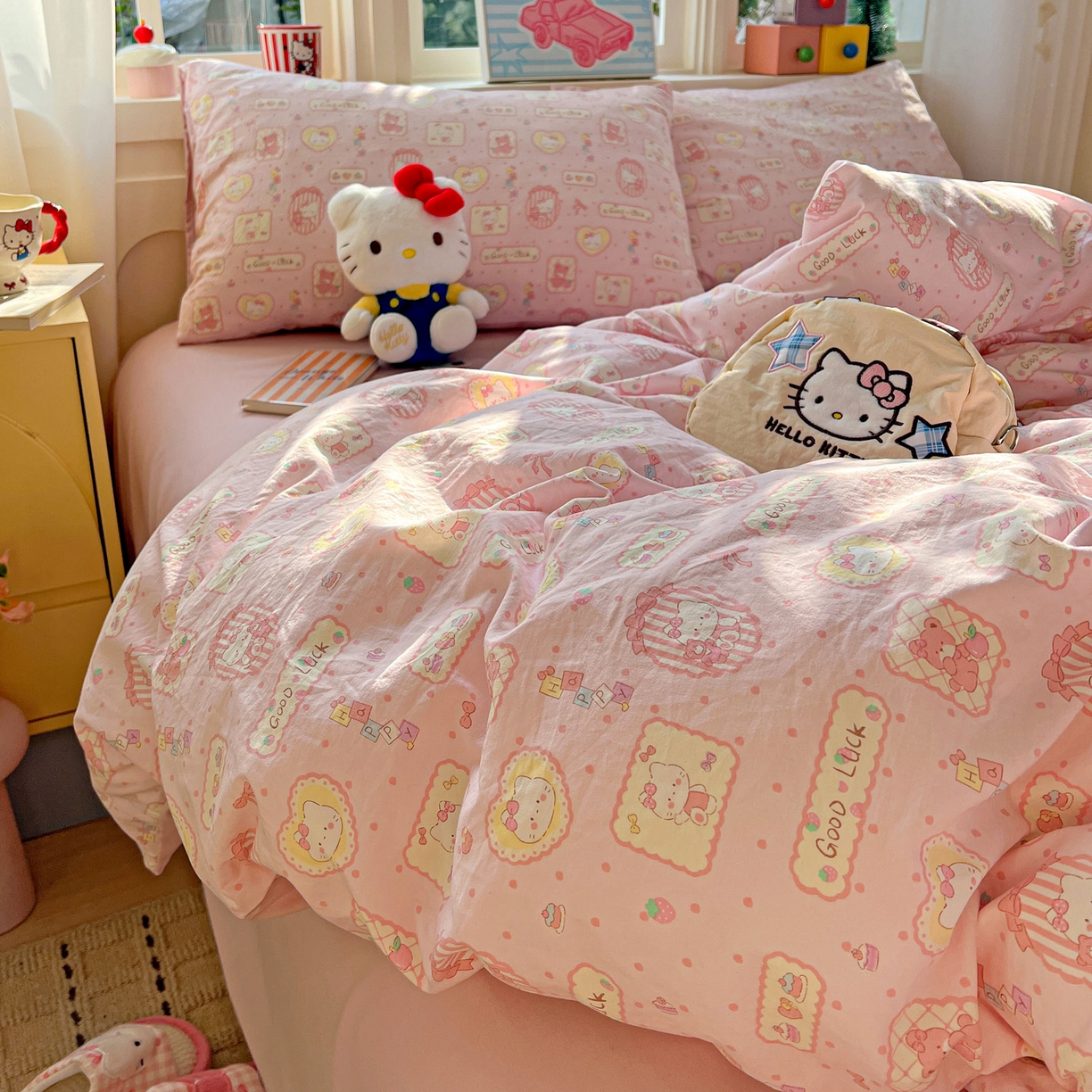 91家纺网 家纺一手货源 找家纺 弗苓家纺 2026新款古法水洗仿棉云感纱四件套小布袋 甜甜kt