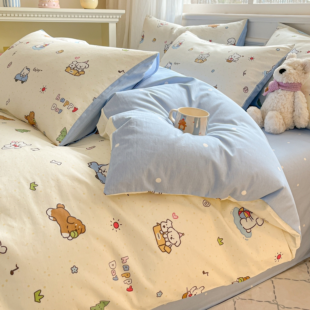 91家纺网 家纺一手货源 找家纺 博雅 2026新款全棉纯棉卡通四件套 快乐汪星人