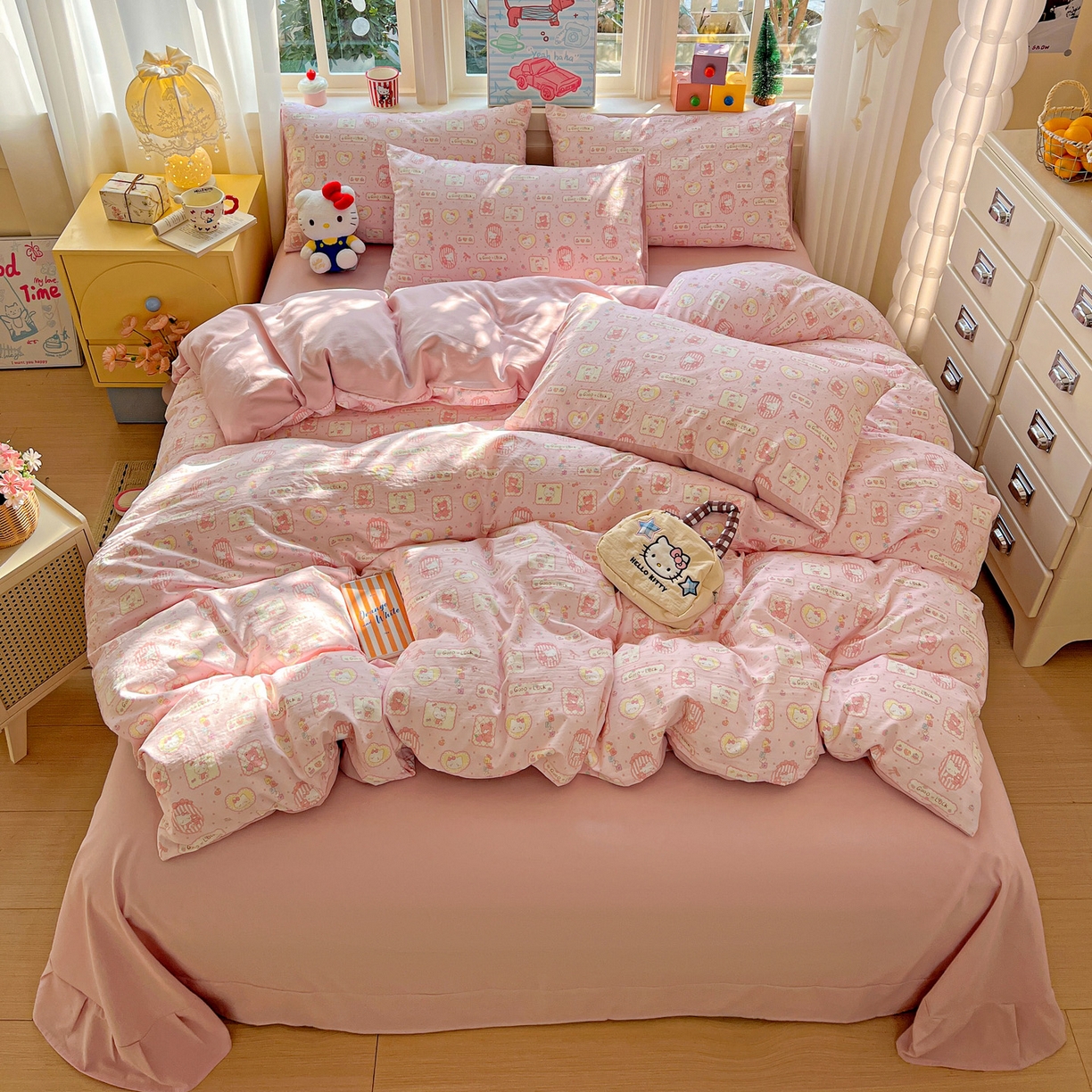 91家纺网 家纺一手货源 找家纺 弗苓家纺 2026新款古法水洗仿棉云感纱四件套小布袋 甜甜kt