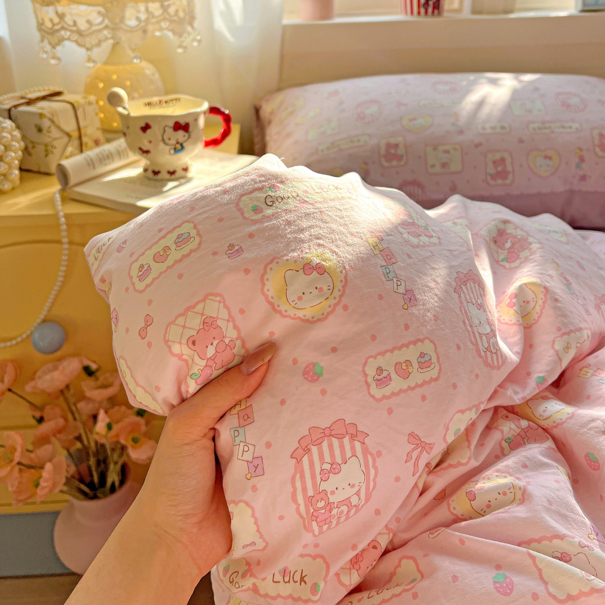 91家纺网 家纺一手货源 找家纺 弗苓家纺 2026新款古法水洗仿棉云感纱四件套小布袋 甜甜kt