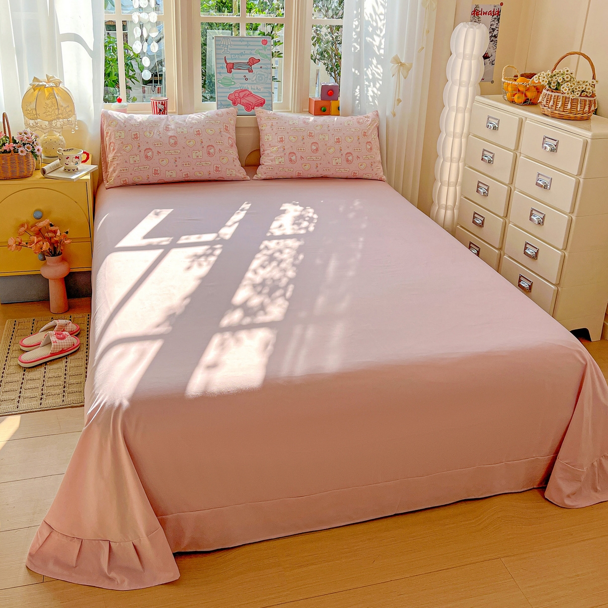 91家纺网 家纺一手货源 找家纺 弗苓家纺 2026新款古法水洗仿棉云感纱四件套小布袋 甜甜kt