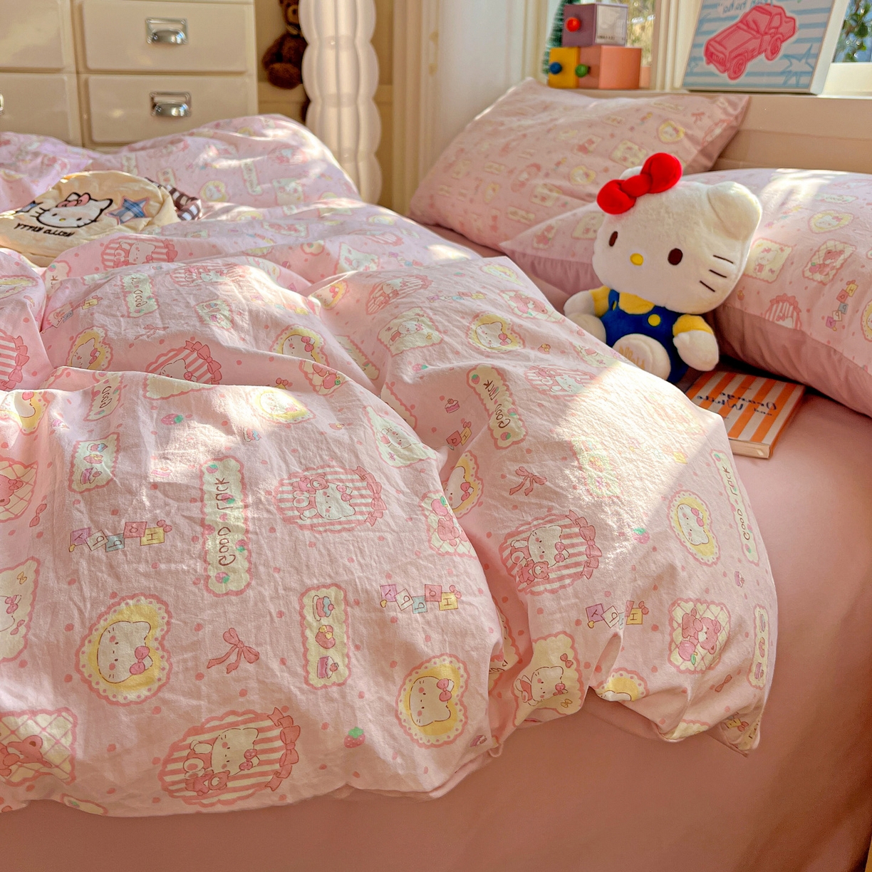 91家纺网 家纺一手货源 找家纺 弗苓家纺 2026新款古法水洗仿棉云感纱四件套小布袋 甜甜kt