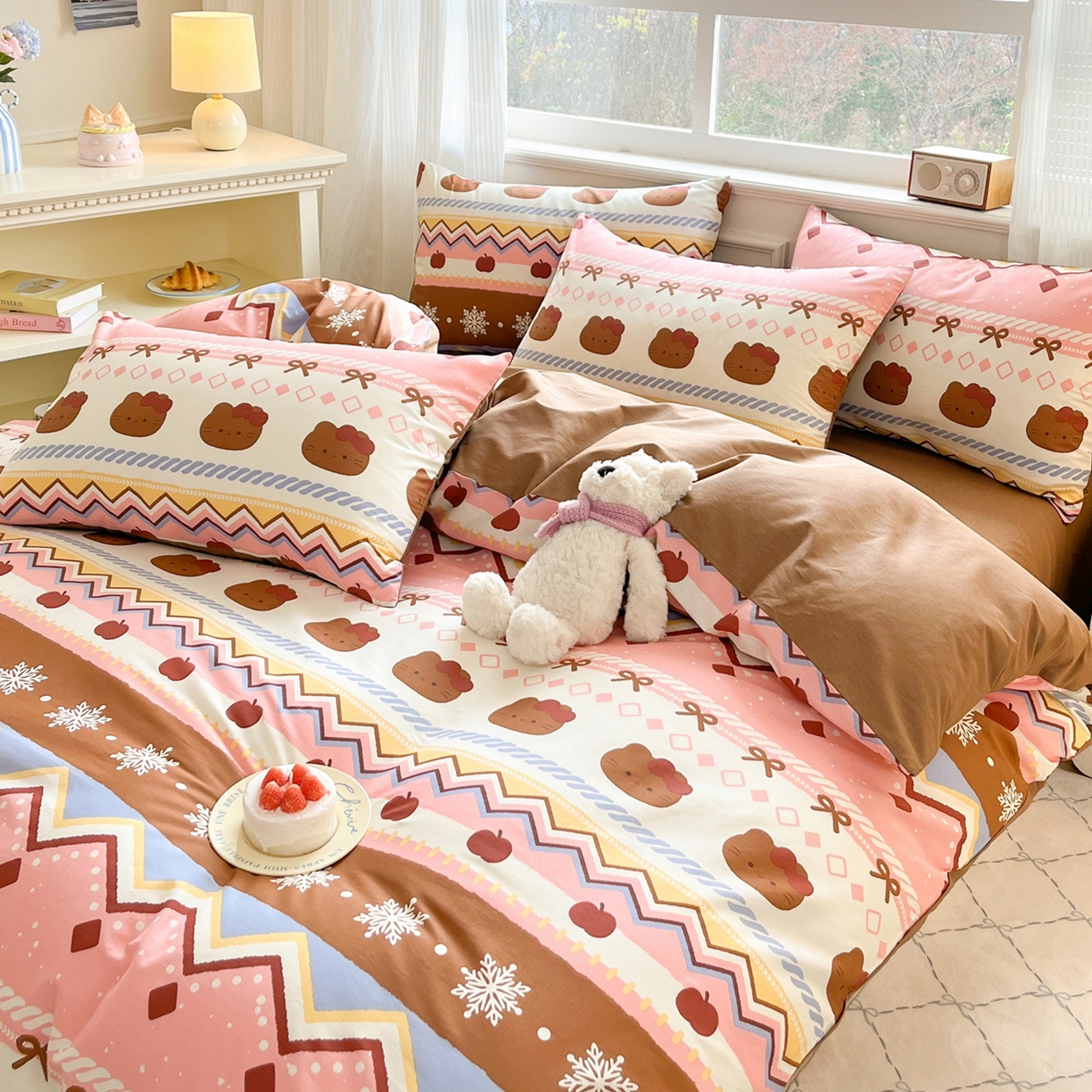 91家纺网 家纺一手货源 找家纺 博雅 2026新款全棉纯棉卡通四件套 圣诞苹果猫