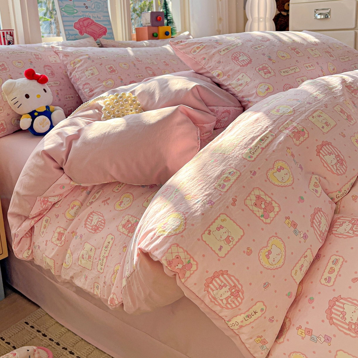 91家纺网 家纺一手货源 找家纺 弗苓家纺 2026新款古法水洗仿棉云感纱四件套小布袋 甜甜kt