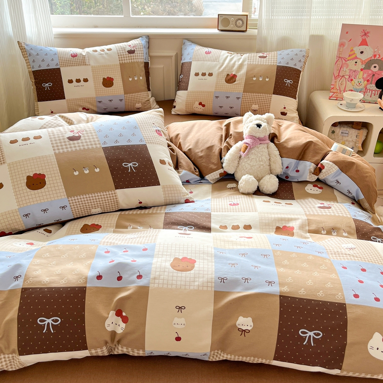 91家纺网 家纺一手货源 找家纺 博雅 2026新款全棉纯棉卡通四件套 咖格蛋糕猫