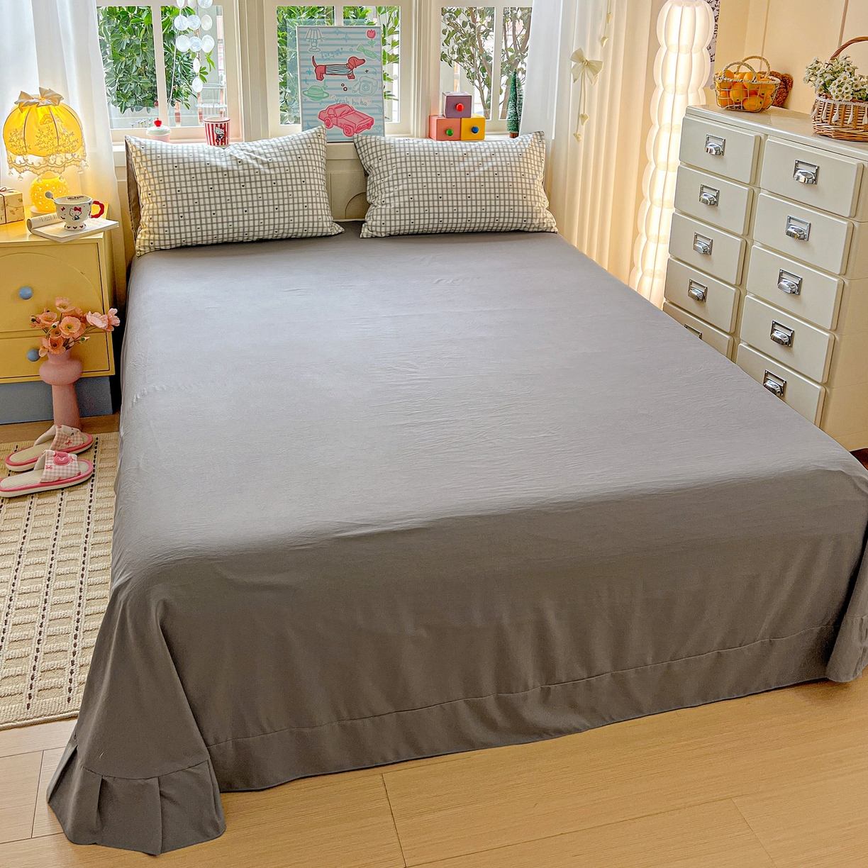 91家纺网 家纺一手货源 找家纺 弗苓家纺 2026新款古法水洗仿棉云感纱四件套小布袋 甜心乐园