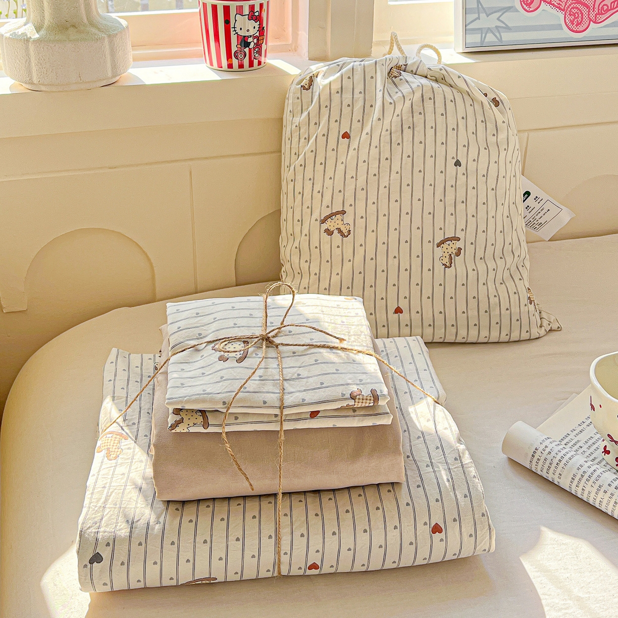 弗苓家纺 2026新款古法水洗仿棉云感纱四件套小布袋 条纹木马