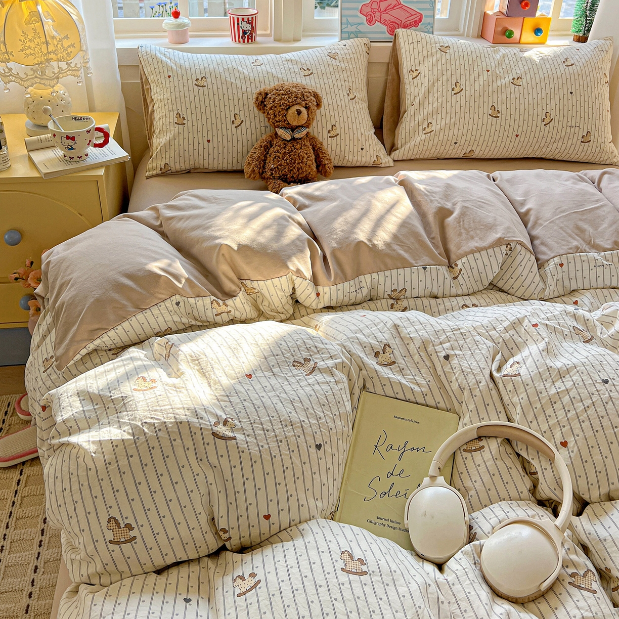 91家纺网 家纺一手货源 找家纺 弗苓家纺 2026新款古法水洗仿棉云感纱四件套小布袋 条纹木马