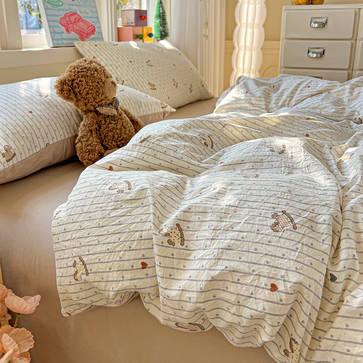 91家纺网 家纺一手货源 找家纺 弗苓家纺 2026新款古法水洗仿棉云感纱四件套小布袋 条纹木马