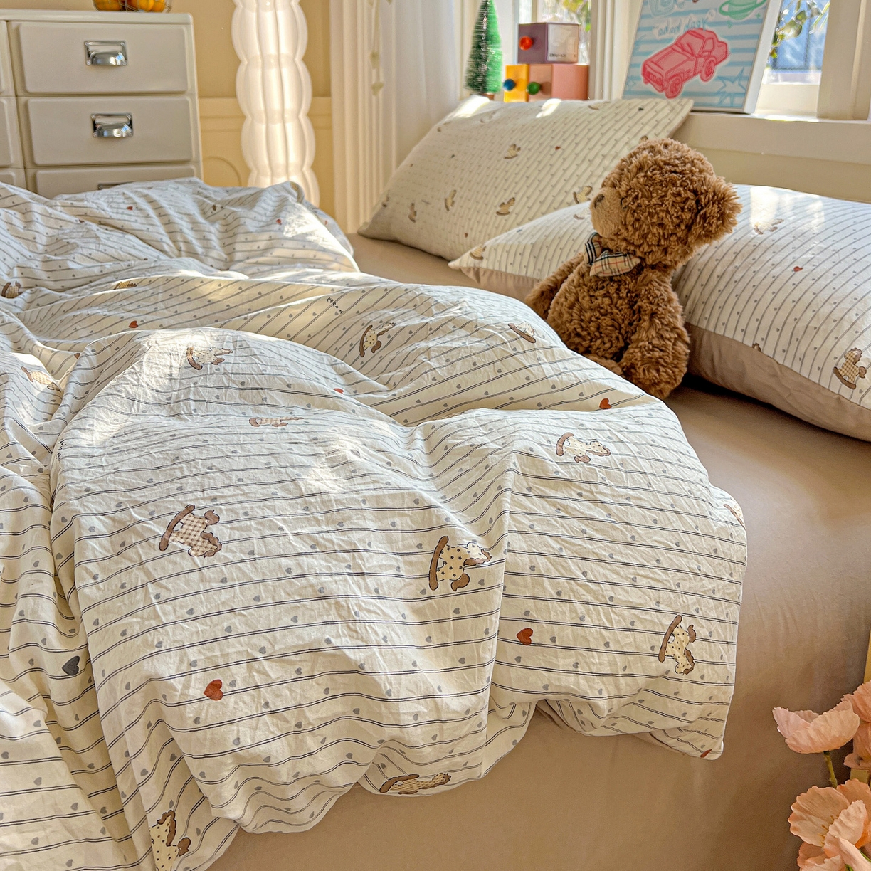 91家纺网 家纺一手货源 找家纺 弗苓家纺 2026新款古法水洗仿棉云感纱四件套小布袋 条纹木马