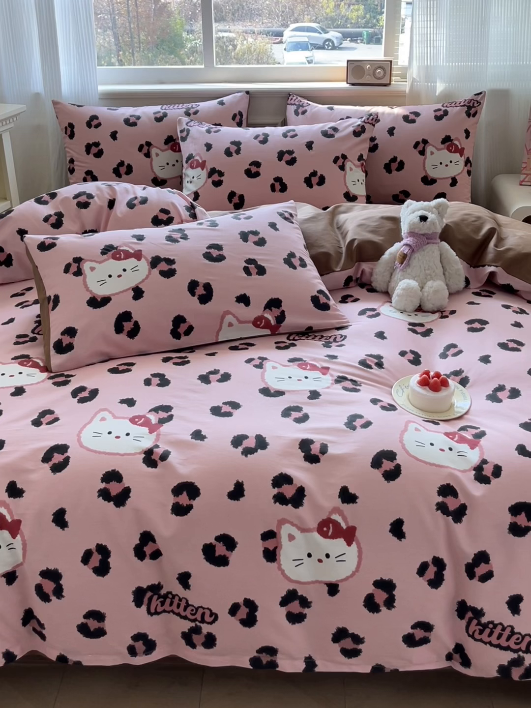 91家纺网 家纺一手货源 找家纺 博雅 2026新款全棉纯棉卡通四件套 豹纹小猫-粉