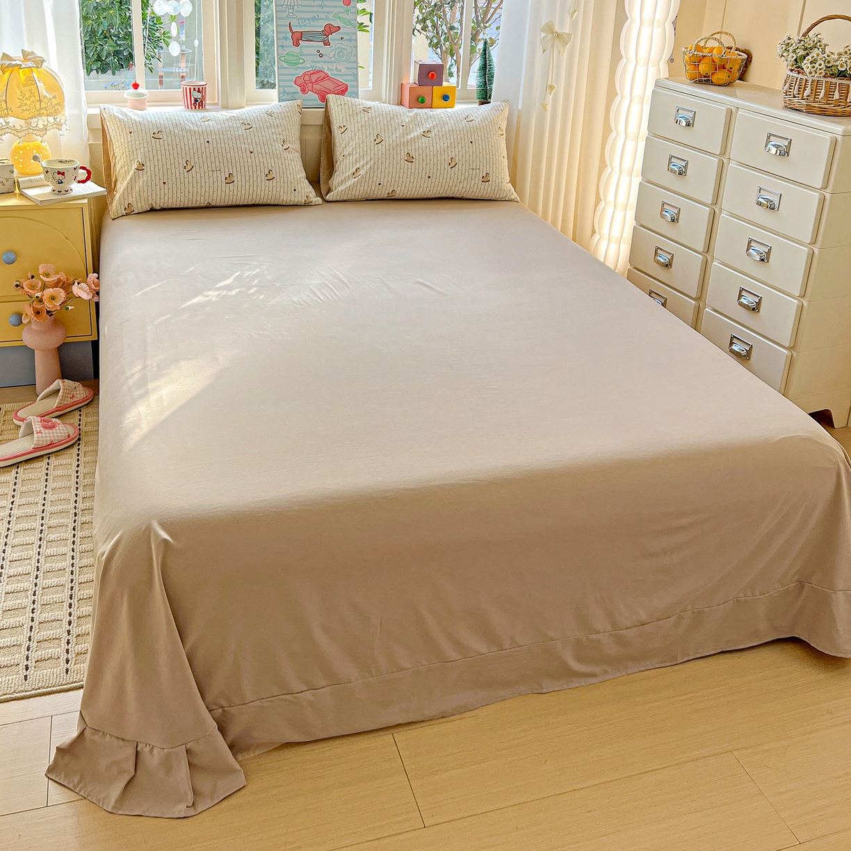 91家纺网 家纺一手货源 找家纺 弗苓家纺 2026新款古法水洗仿棉云感纱四件套小布袋 条纹木马