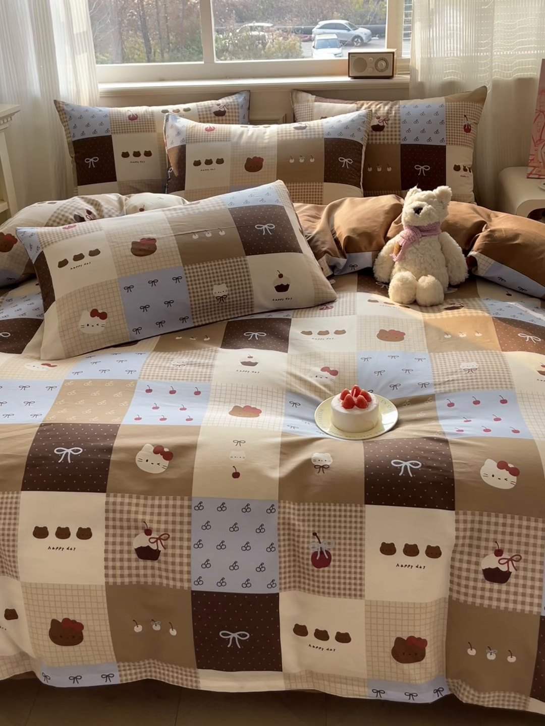 91家纺网 家纺一手货源 找家纺 博雅 2026新款全棉纯棉卡通四件套 咖格蛋糕猫