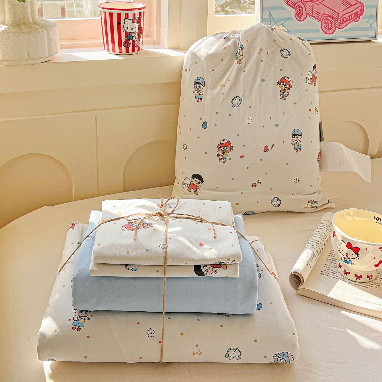 弗苓家纺 2026新款古法水洗仿棉云感纱四件套小布袋 童趣