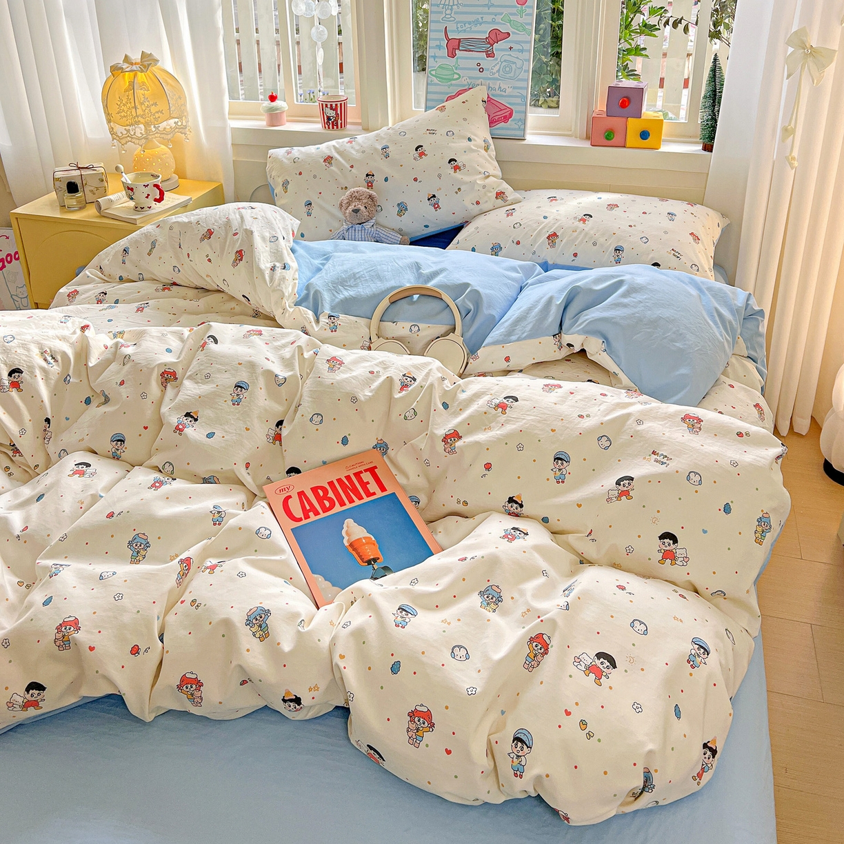 91家纺网 家纺一手货源 找家纺 弗苓家纺 2026新款古法水洗仿棉云感纱四件套小布袋 童趣