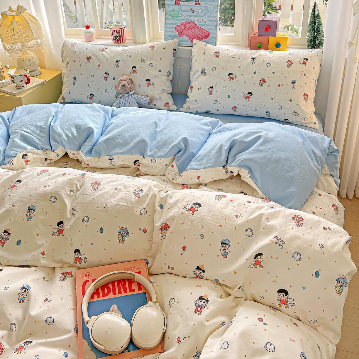 91家纺网 家纺一手货源 找家纺 弗苓家纺 2026新款古法水洗仿棉云感纱四件套小布袋 童趣