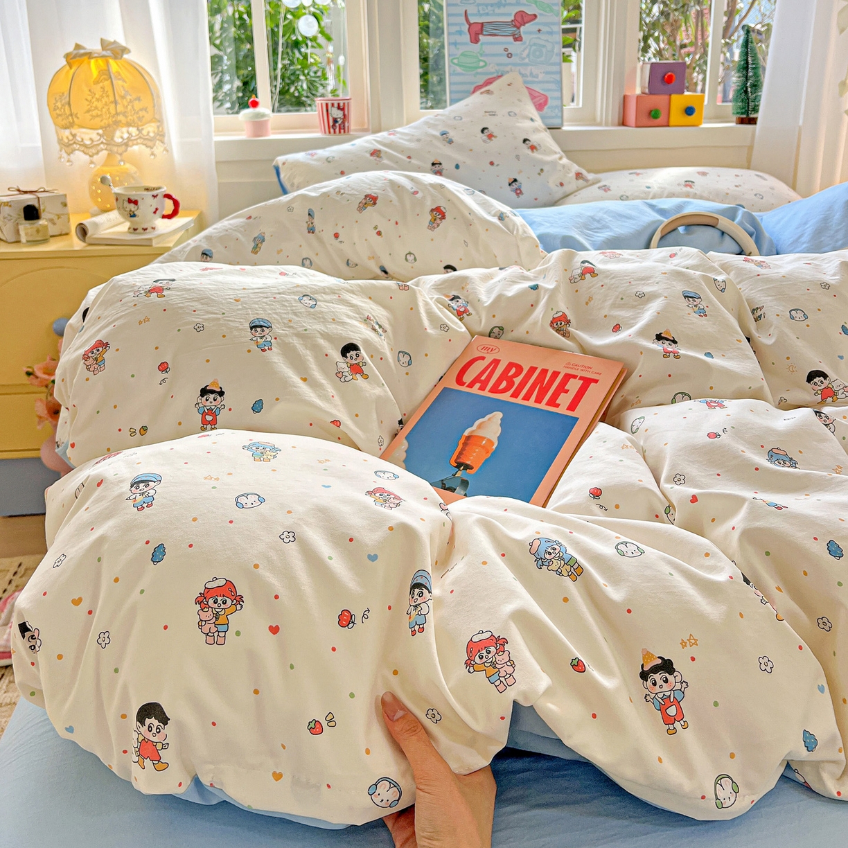 91家纺网 家纺一手货源 找家纺 弗苓家纺 2026新款古法水洗仿棉云感纱四件套小布袋 童趣