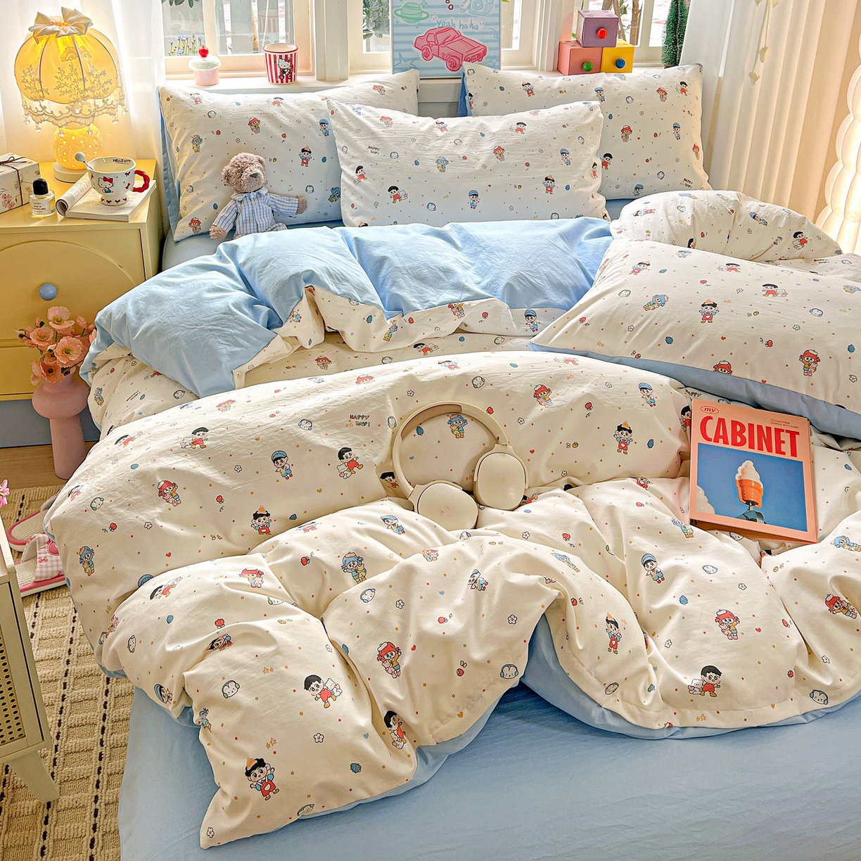 91家纺网 家纺一手货源 找家纺 弗苓家纺 2026新款古法水洗仿棉云感纱四件套小布袋 童趣