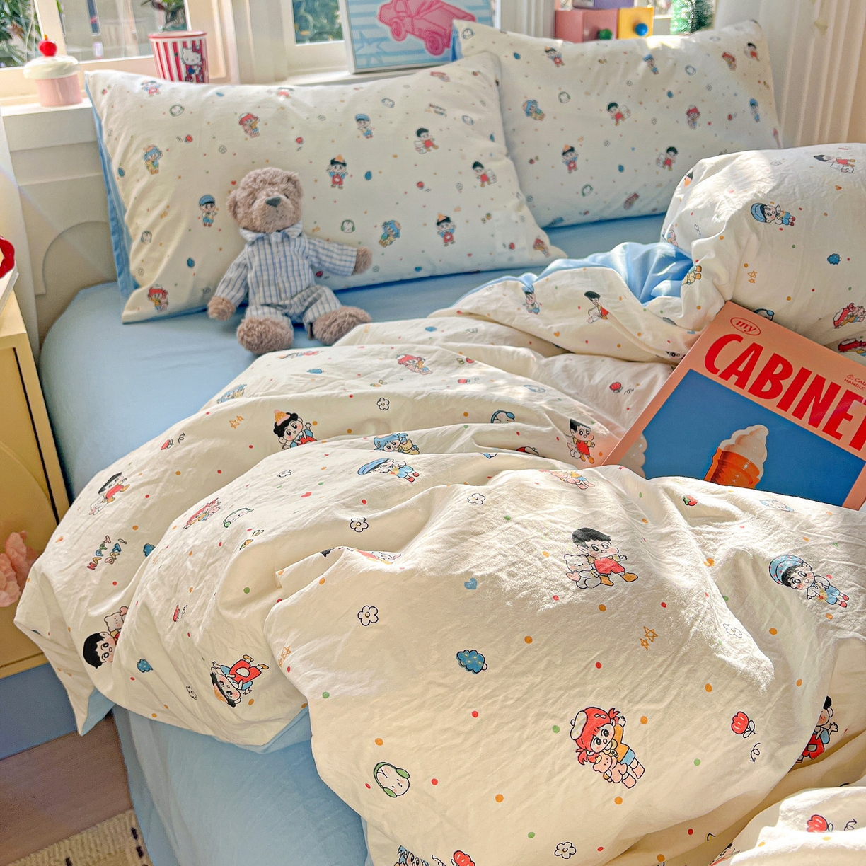 91家纺网 家纺一手货源 找家纺 弗苓家纺 2026新款古法水洗仿棉云感纱四件套小布袋 童趣