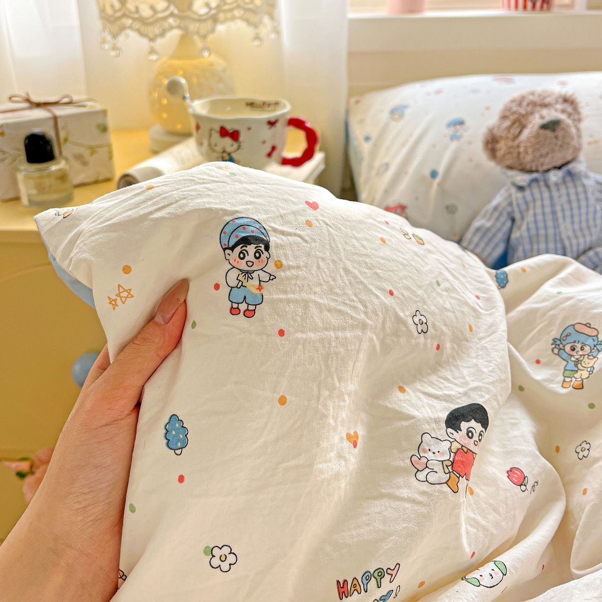 91家纺网 家纺一手货源 找家纺 弗苓家纺 2026新款古法水洗仿棉云感纱四件套小布袋 童趣