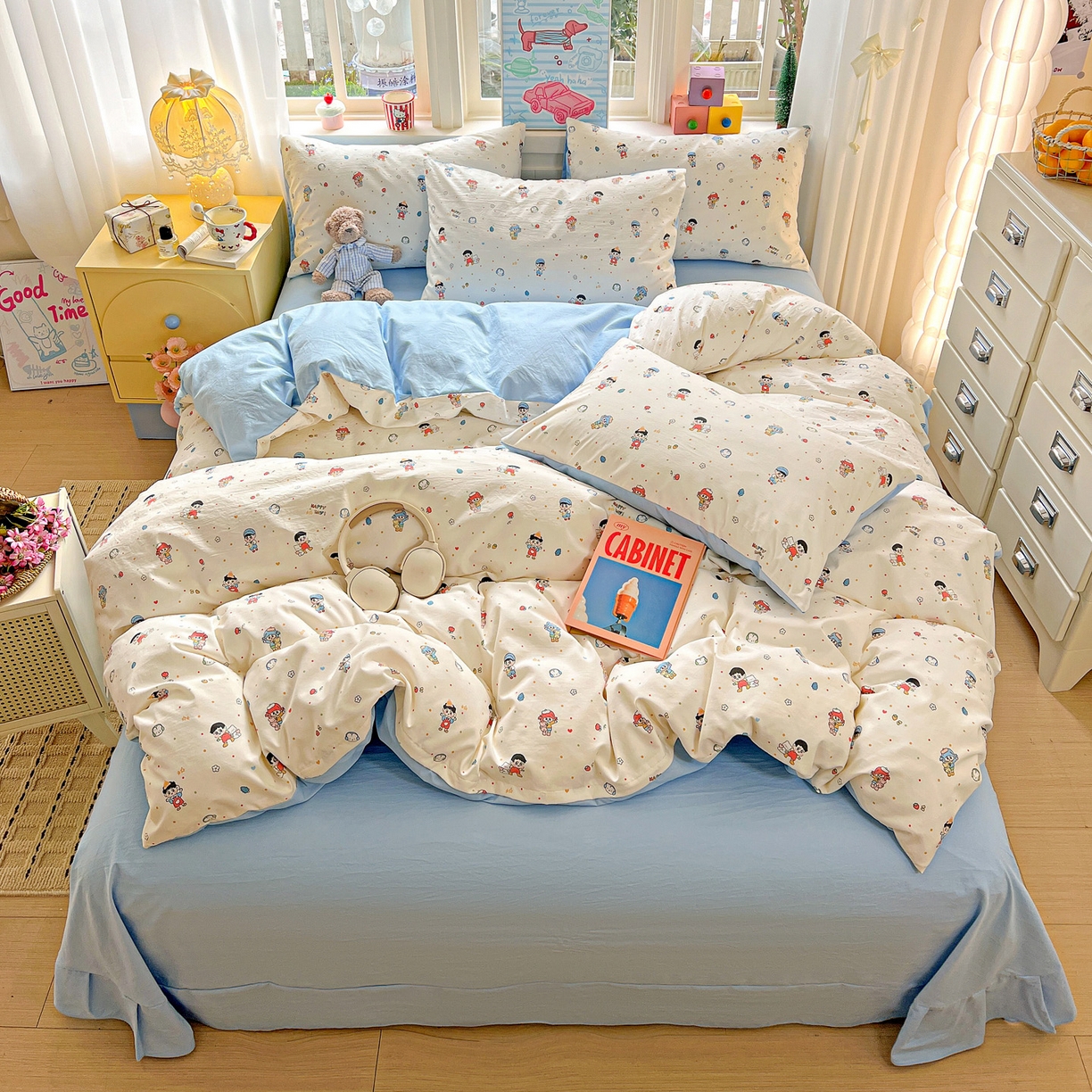 91家纺网 家纺一手货源 找家纺 弗苓家纺 2026新款古法水洗仿棉云感纱四件套小布袋 童趣