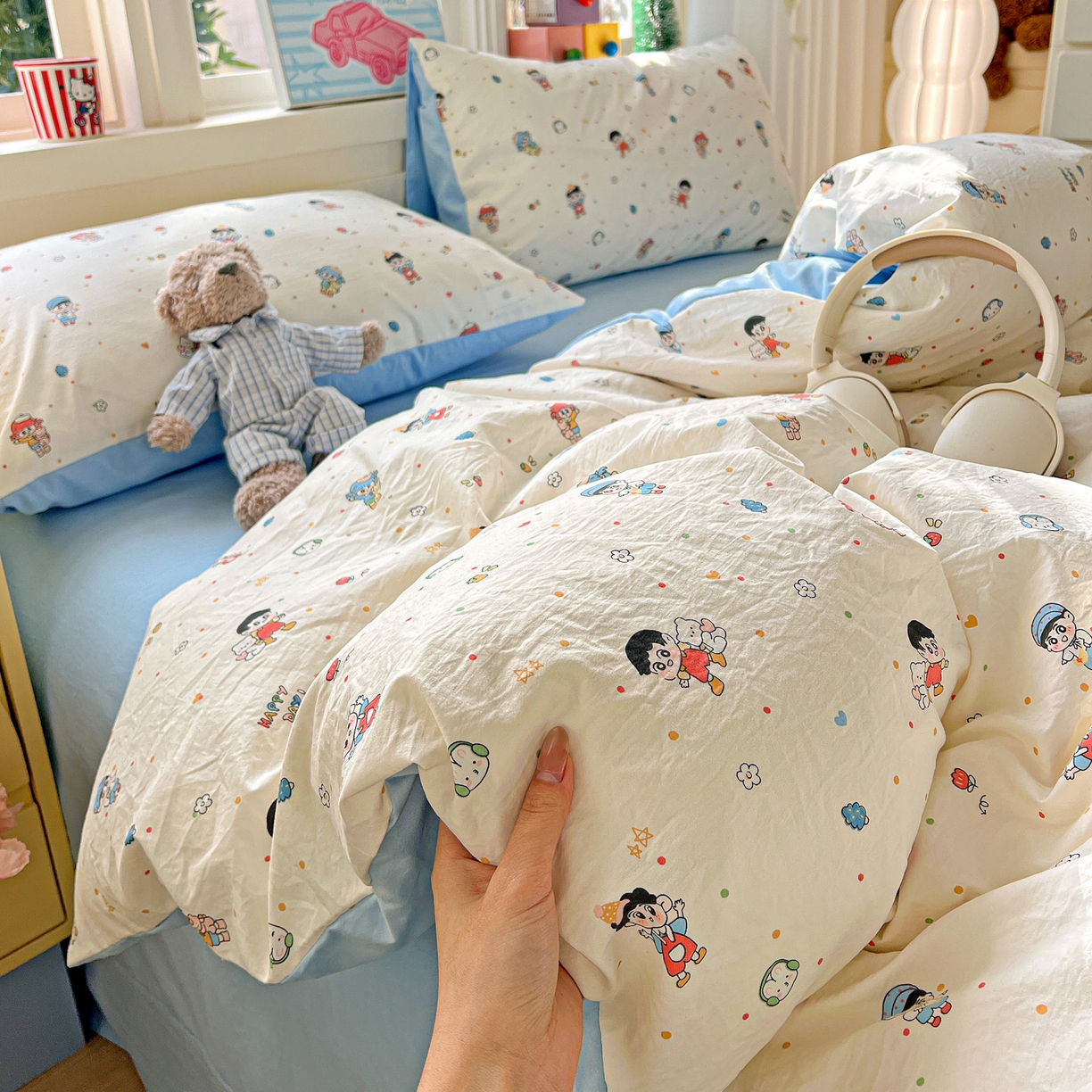 91家纺网 家纺一手货源 找家纺 弗苓家纺 2026新款古法水洗仿棉云感纱四件套小布袋 童趣