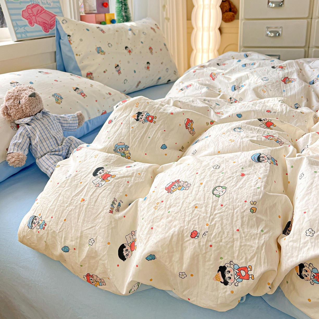 91家纺网 家纺一手货源 找家纺 弗苓家纺 2026新款古法水洗仿棉云感纱四件套小布袋 童趣