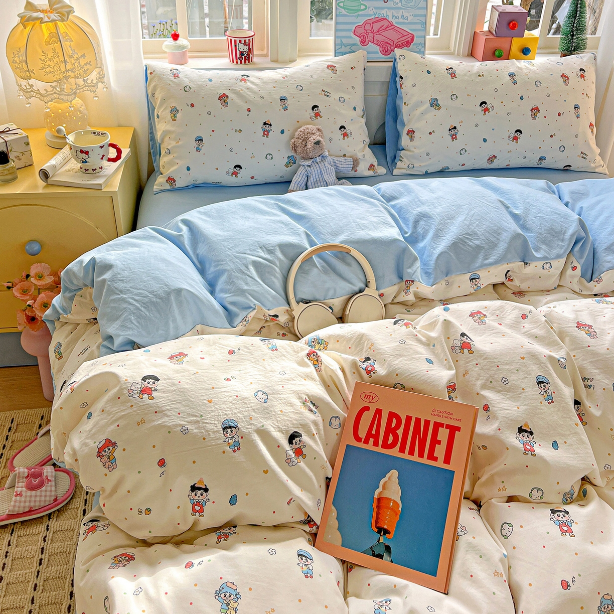 91家纺网 家纺一手货源 找家纺 弗苓家纺 2026新款古法水洗仿棉云感纱四件套小布袋 童趣