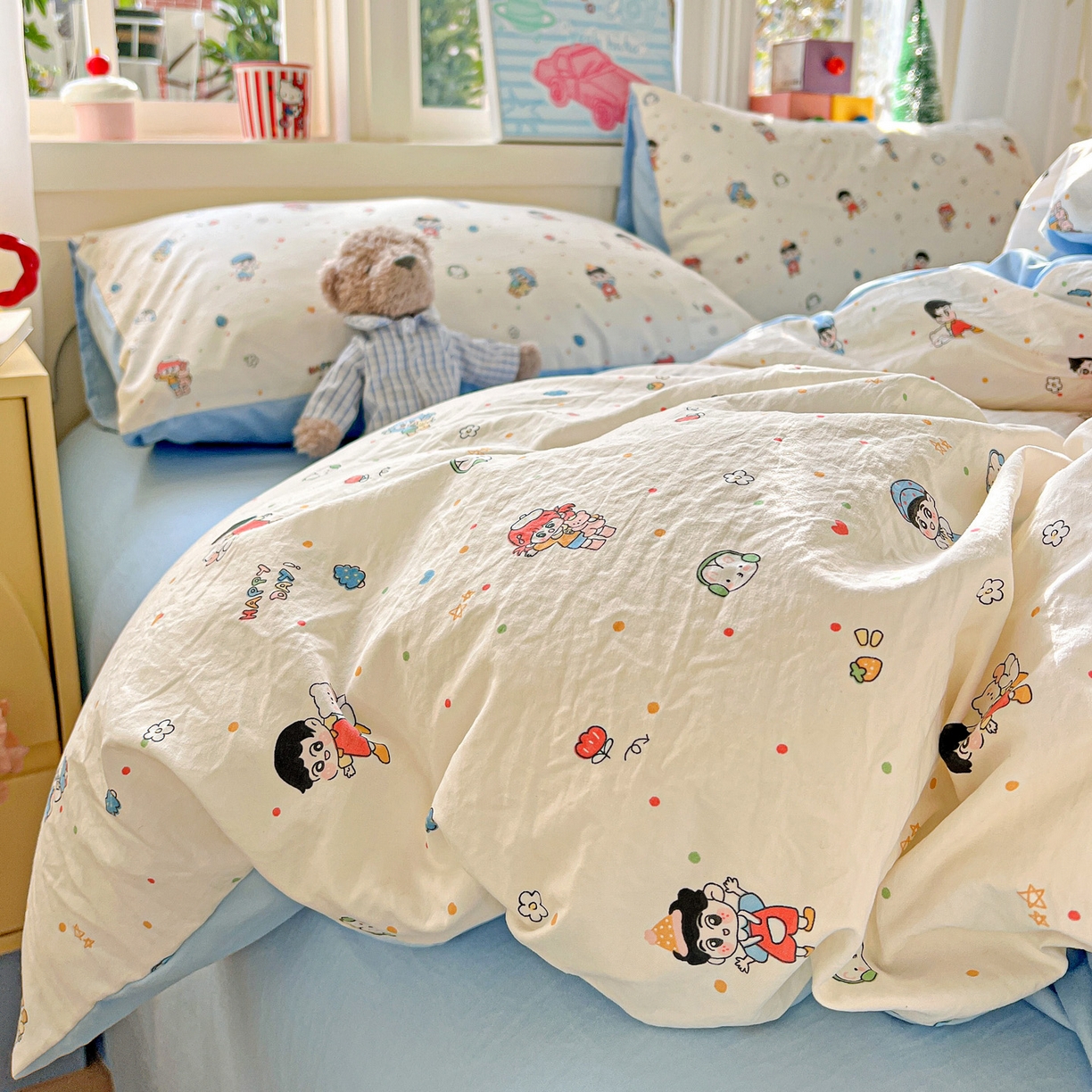 91家纺网 家纺一手货源 找家纺 弗苓家纺 2026新款古法水洗仿棉云感纱四件套小布袋 童趣