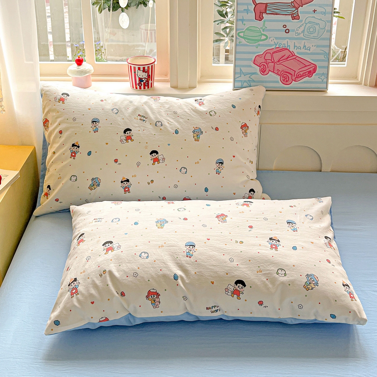 91家纺网 家纺一手货源 找家纺 弗苓家纺 2026新款古法水洗仿棉云感纱四件套小布袋 童趣