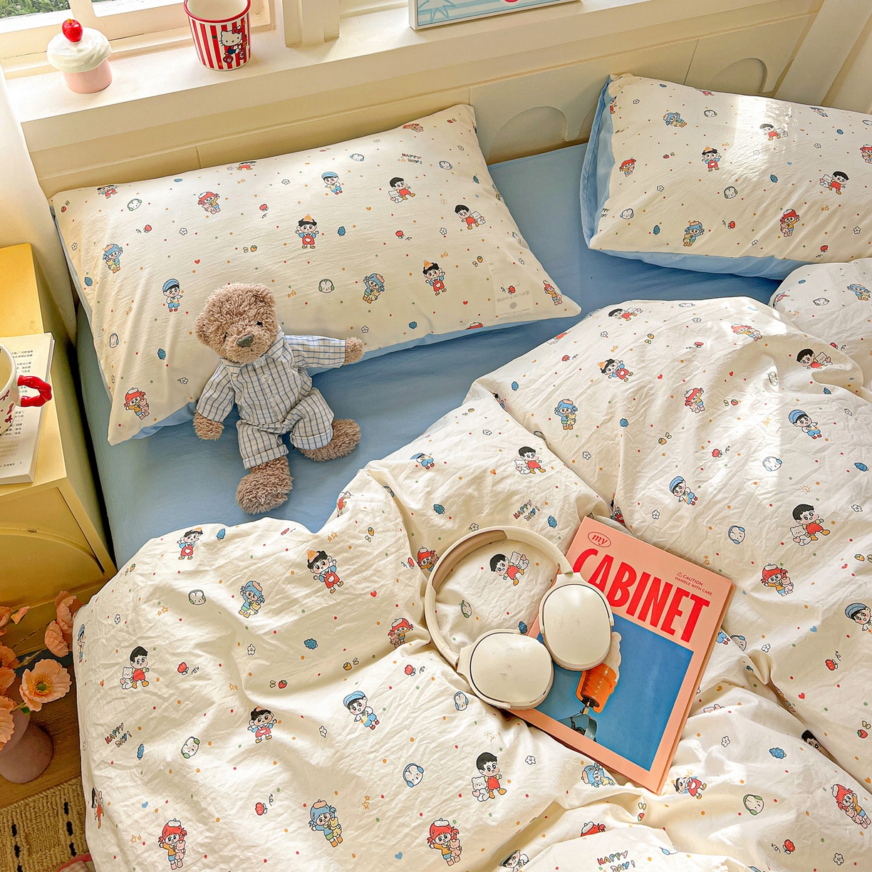 91家纺网 家纺一手货源 找家纺 弗苓家纺 2026新款古法水洗仿棉云感纱四件套小布袋 童趣