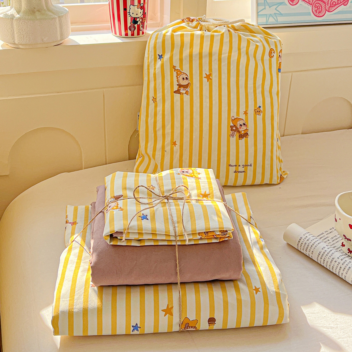 弗苓家纺 2026新款古法水洗仿棉云感纱四件套小布袋 晚安小星星