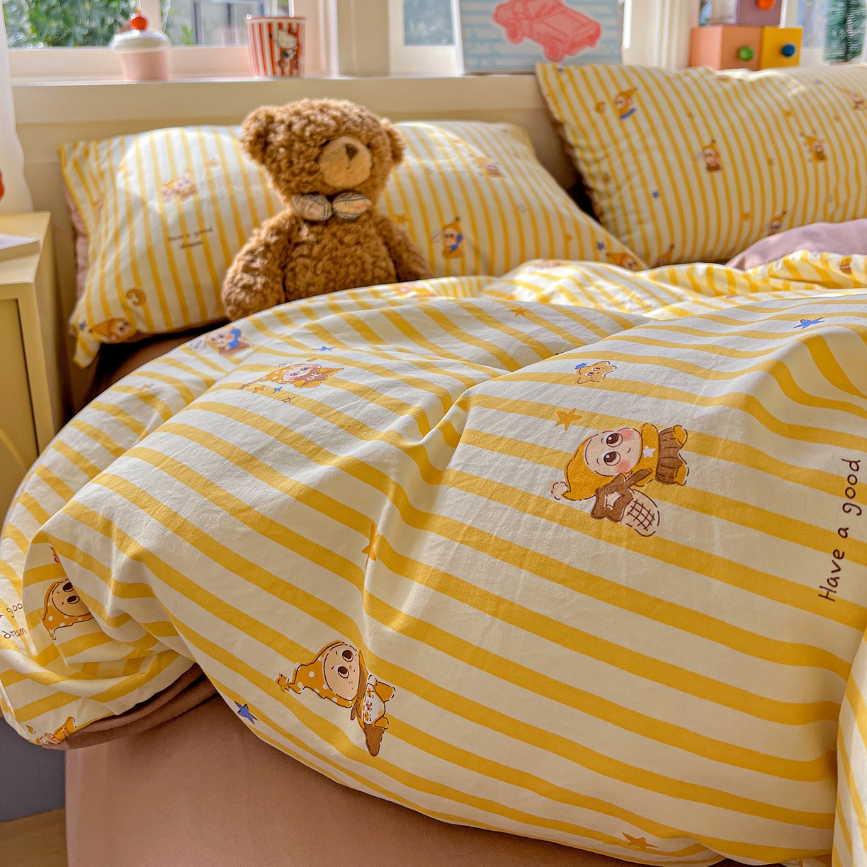 91家纺网 家纺一手货源 找家纺 弗苓家纺 2026新款古法水洗仿棉云感纱四件套小布袋 晚安小星星