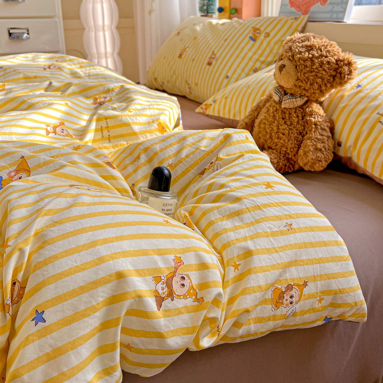 91家纺网 家纺一手货源 找家纺 弗苓家纺 2026新款古法水洗仿棉云感纱四件套小布袋 晚安小星星